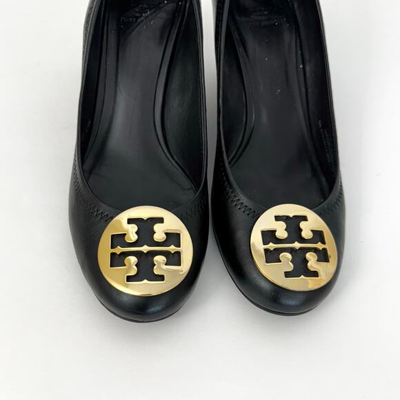 Tory Burch Sally Leather Wedge Pumps Shoes Black Metal Double T Logo 9.5M - Picture 4 of 15